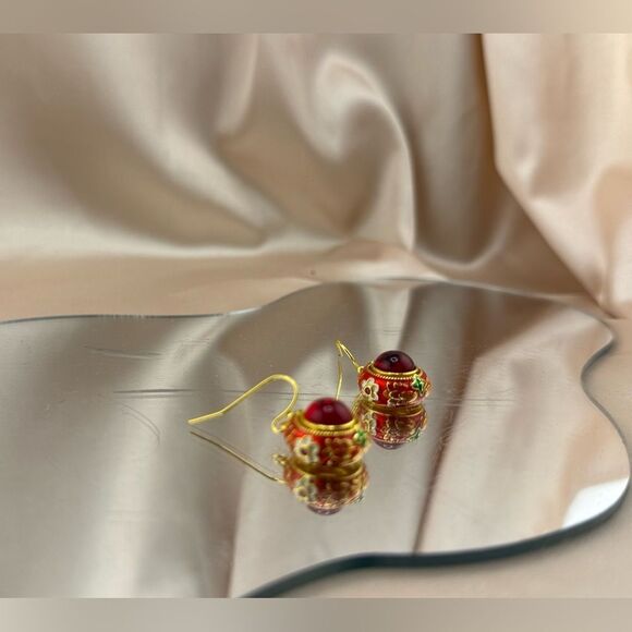 Vintage-Inspired Red Enamel Cabochon Drop Earrings - Picture 7 of 10